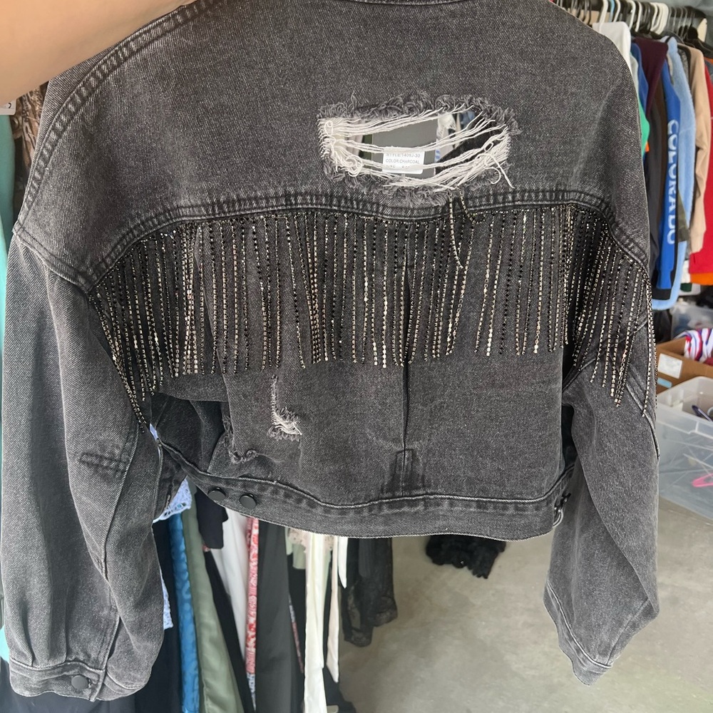 Distressed Black Fringe Denim Jacket